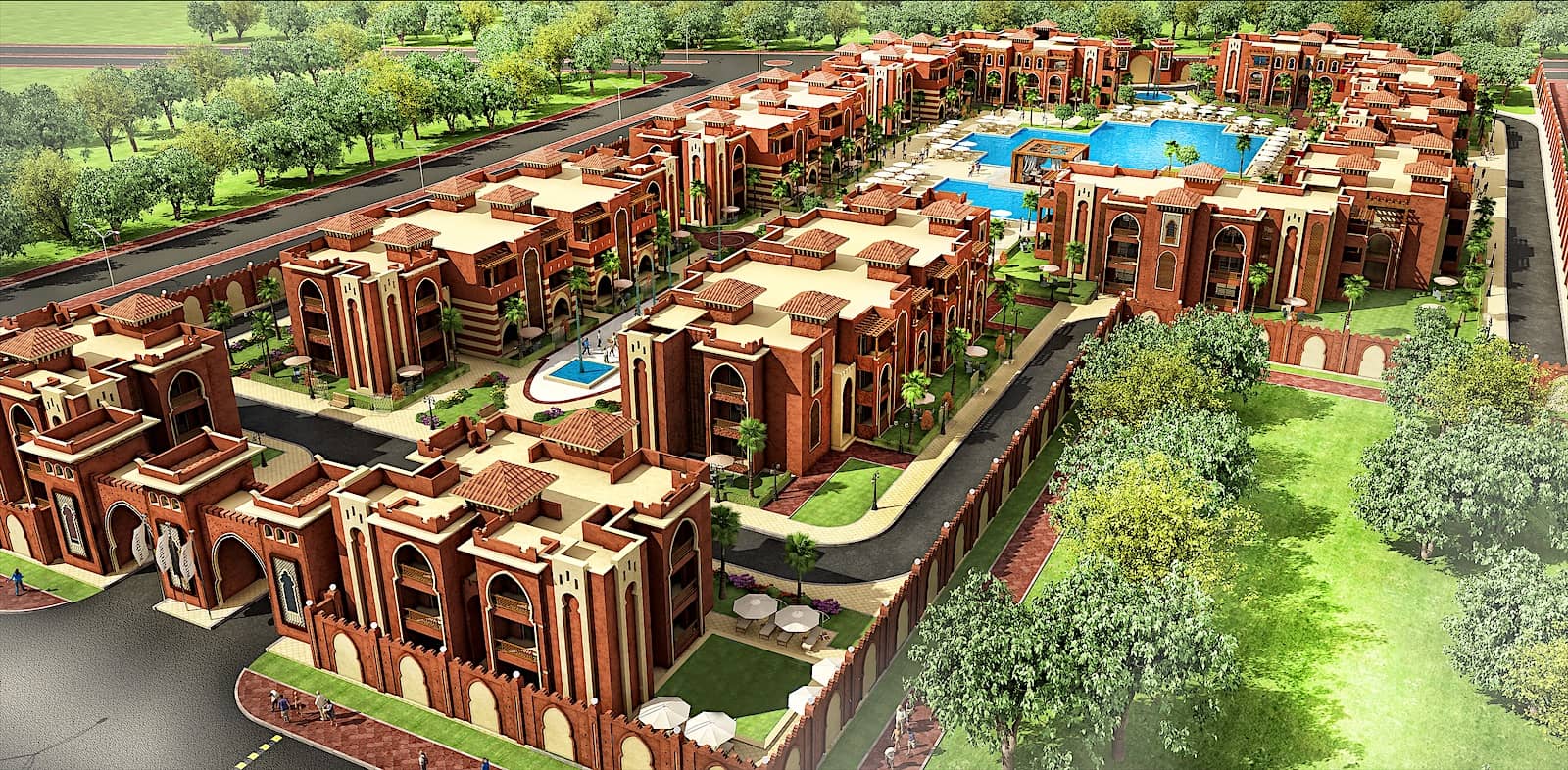 Aerial render of the Prestigia compound courtyards.