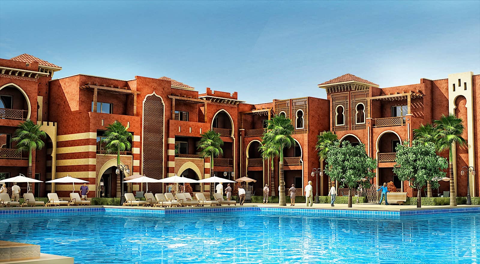 Render of Prestigia buildings facing the main pool.