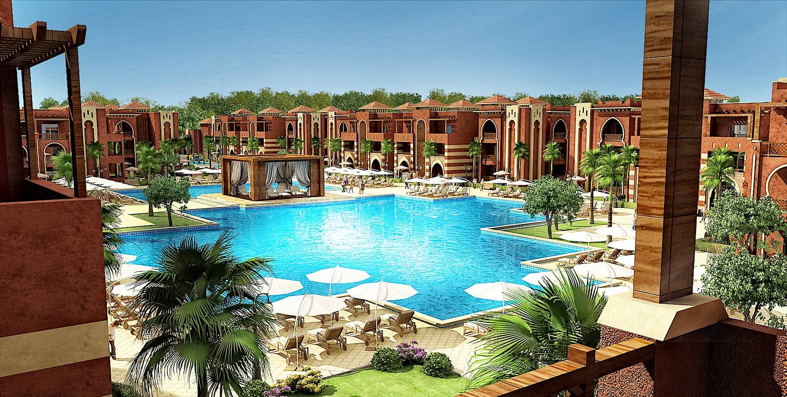 Render of the Prestigia pool and cabana from a terrace.