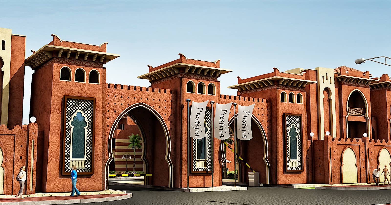 Render of the Prestigia entrance gate with banners.