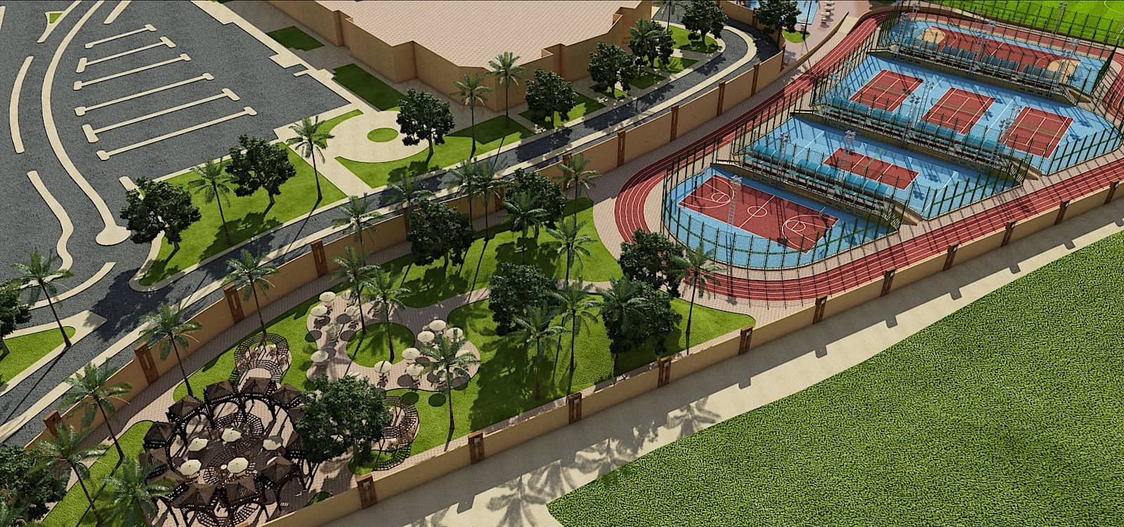 Site render of Senzo Club courts, parking and landscaped terraces.