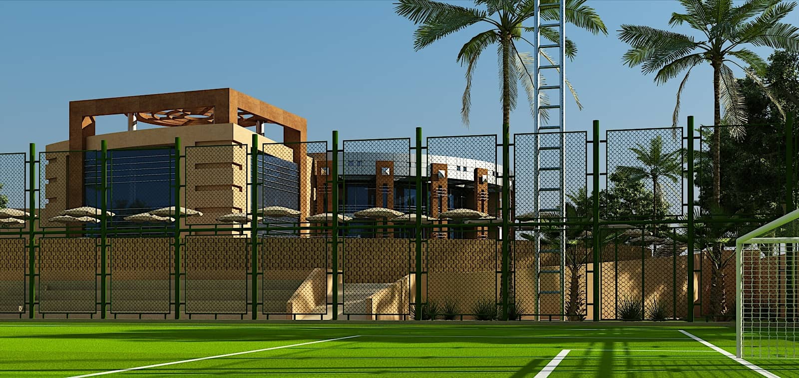 Render of the Senzo Club building behind the sports pitch.