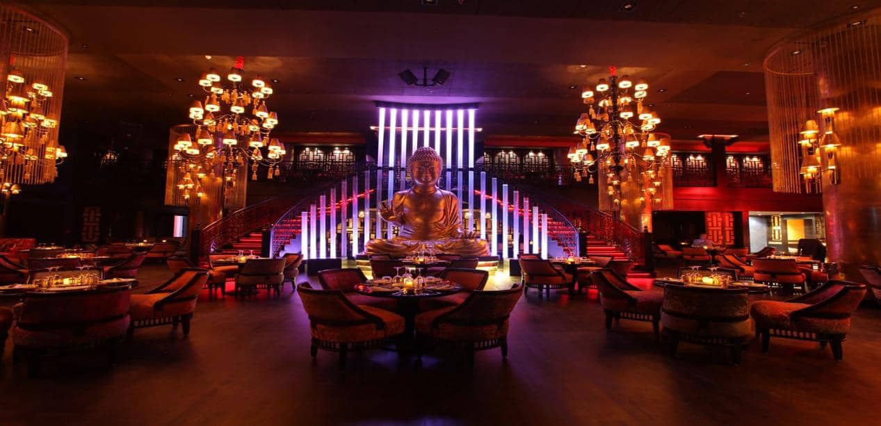 Buddha Bar Marrakesh dining room with chandeliers.