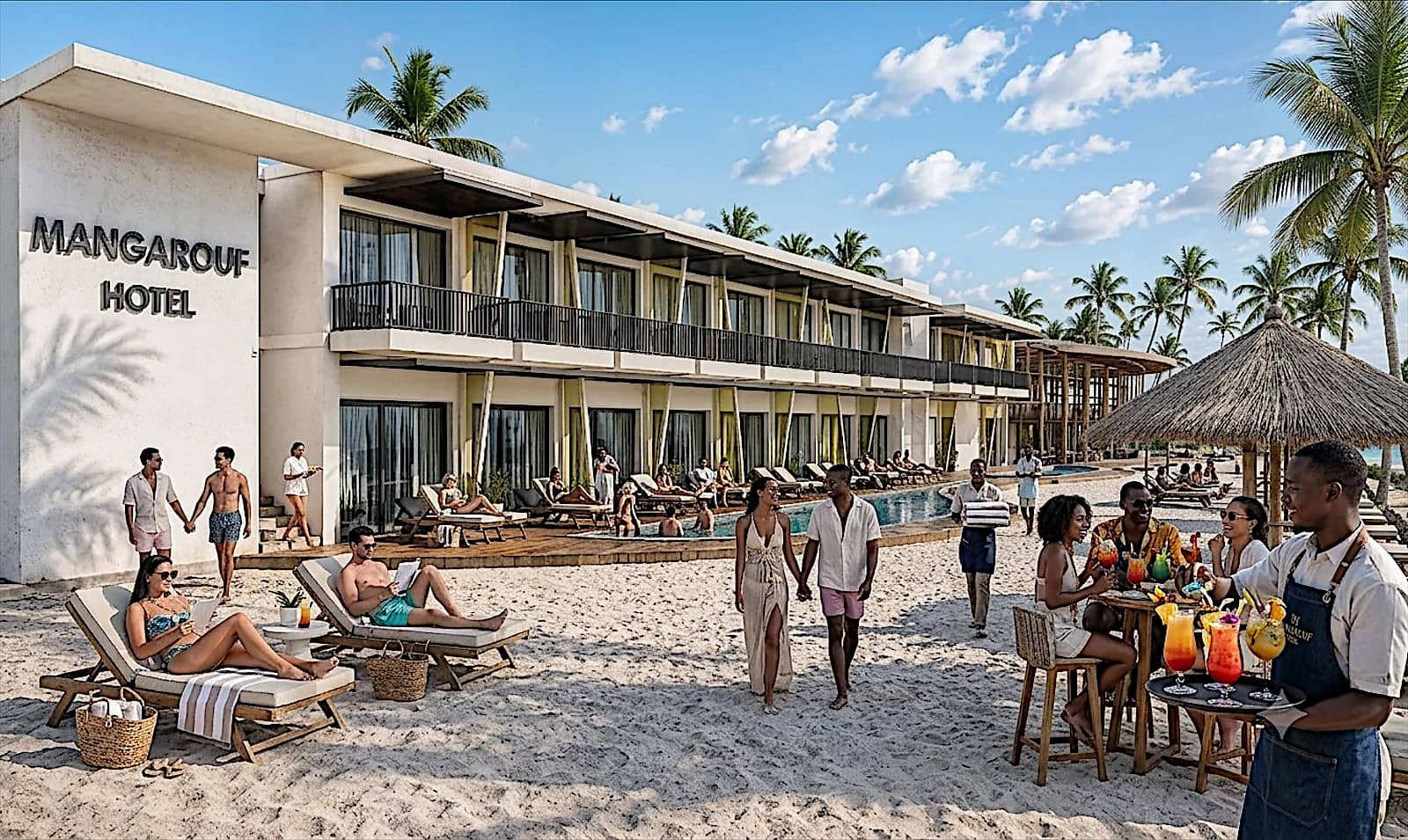 Render of a low-rise beach hotel with sunbeds on the sand.