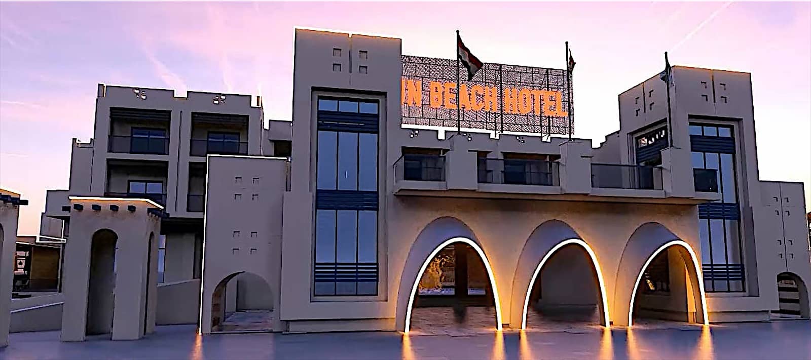 Night render of the hotel entrance with three lit arches.