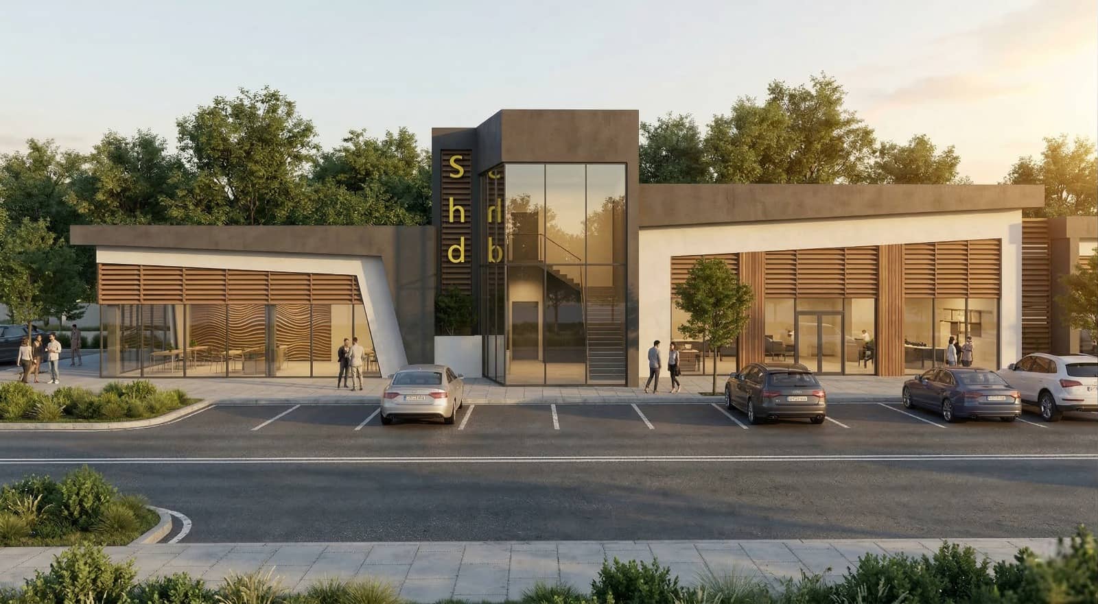 Render of a retail building with timber louvres and glass corner.