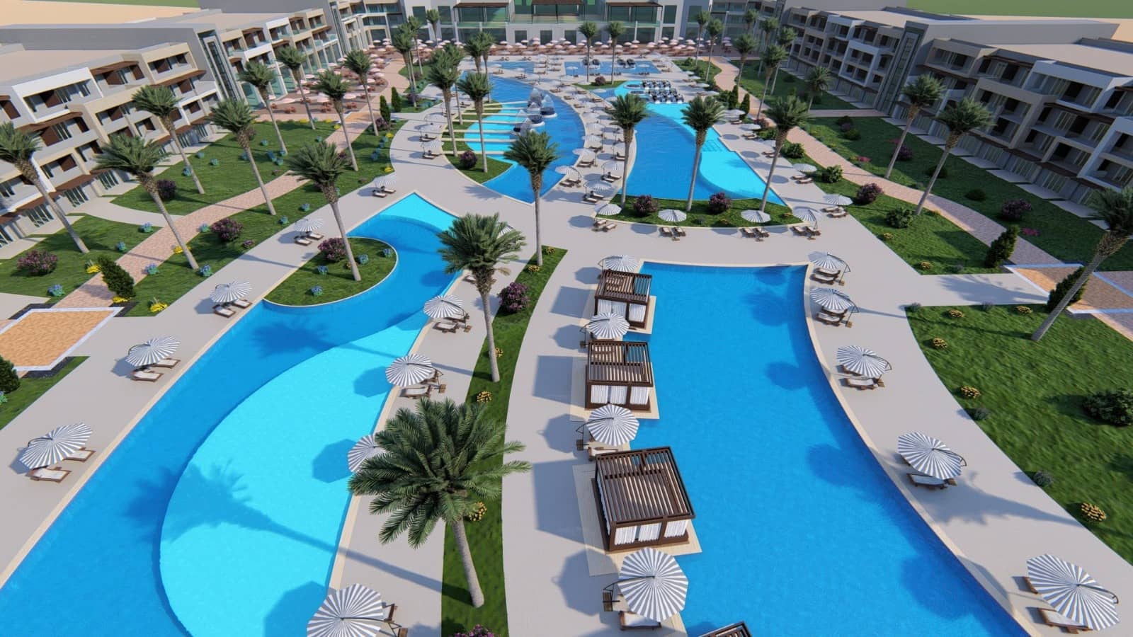 Aerial render of lagoon pools between resort buildings.