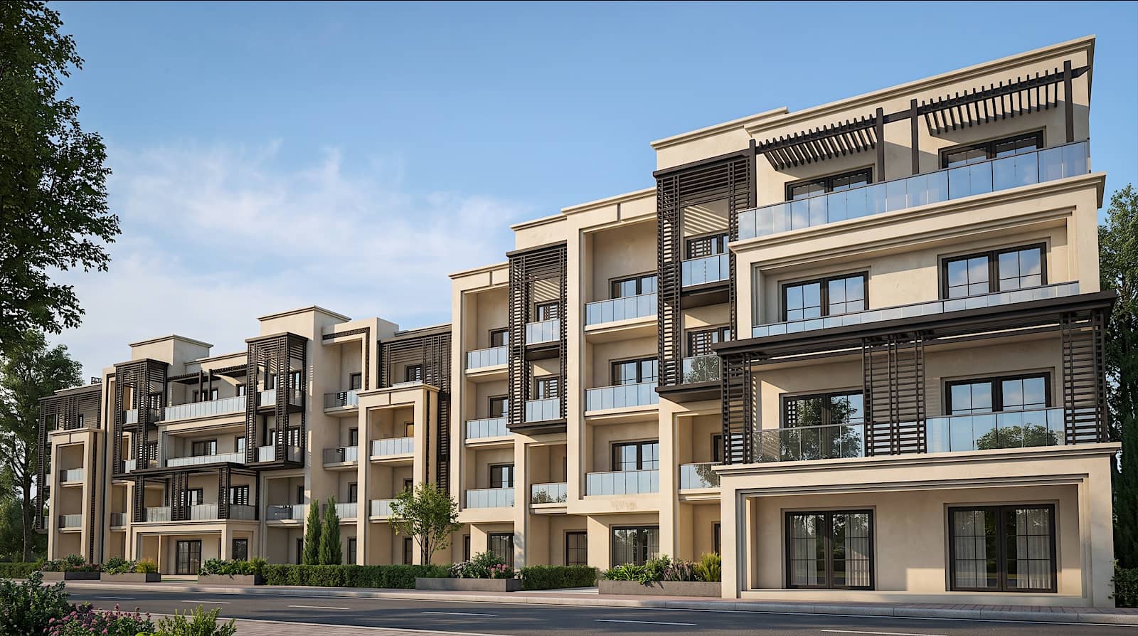 Render of a four-storey residential block with timber screens and balconies.