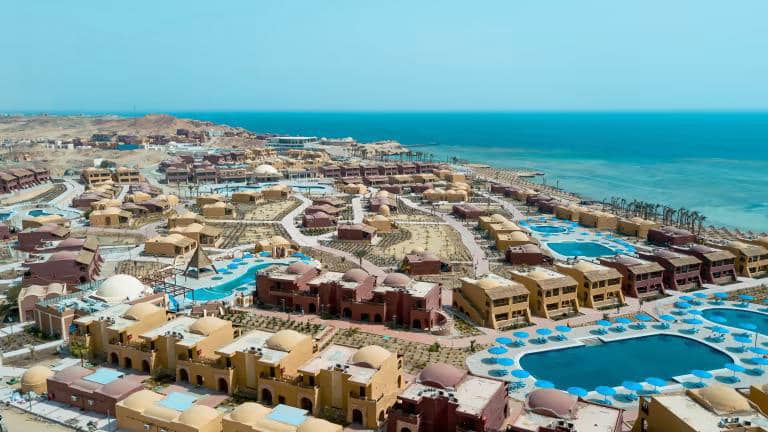Aerial view of Villaggio & Vita Resorts on the Marsa Alam coast.
